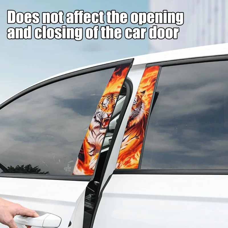 Car Window Center Pillar Sticker Door B-pillar Flame Wolf Tiger Decorative Decal Black Carbon Patterned Waterproof Car Stickers