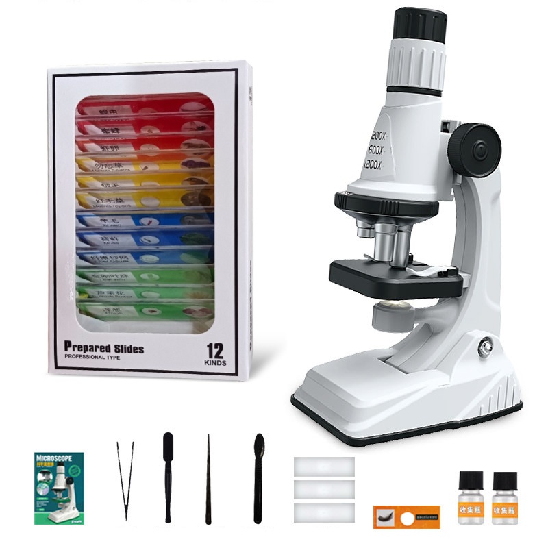 Kit de microscopio para niños 200x 600x 1200x, juguete de tallo de ciencia biológica, microscopio de bolsillo educativo para escuela y hogar con luz LED: Gris claro