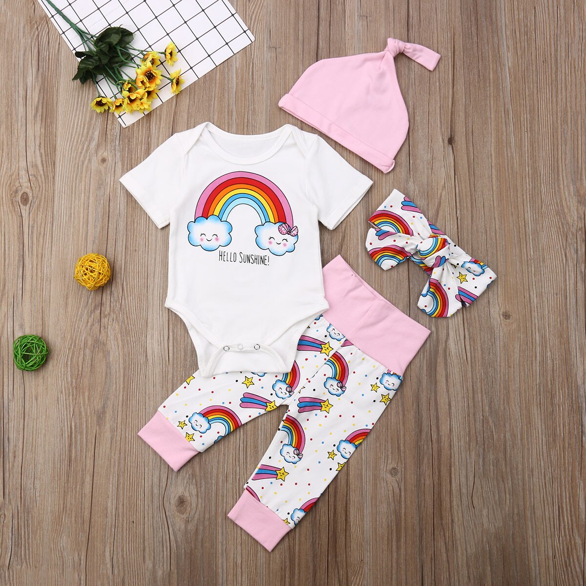 Baby Zomer Kleding Baby Kids Baby Meisje Jongen Kleding Cactus Print Korte Mouw Romper Tops + Broek + Hoofdband + hoeden 4 stuks Sets