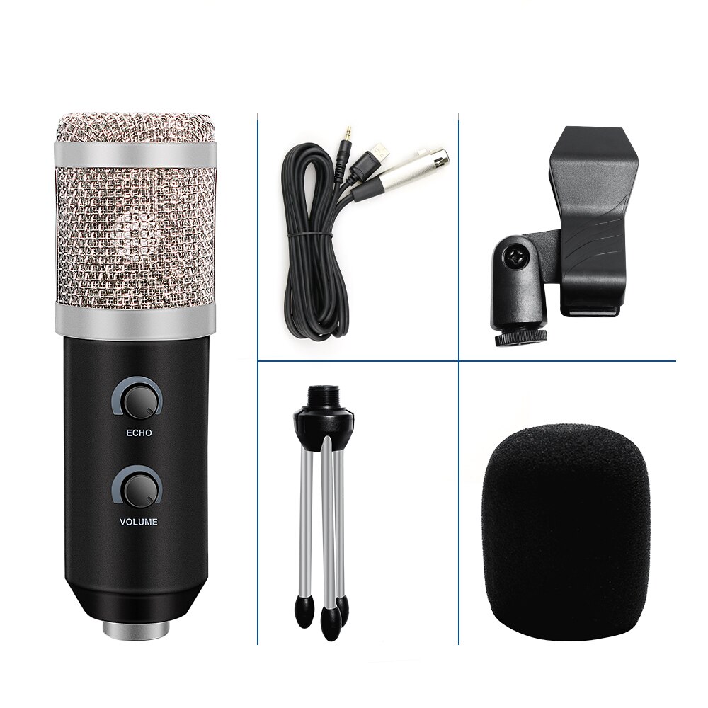 bm 800 Condenser Microphone for PC Computer Streams Recording USB Microphone karaoke studio microfono with stand , pop filter: Silver Kits 1