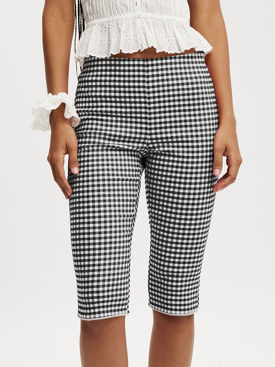 Dame  y2k estetiske rutete capribukser med middels midje, sidesplitter, knelange tights, avslappet leggings for daglig fest, klubb, streetwear