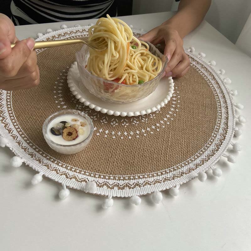 Prachtige Geweven Jute Katoen Tafel Mat Bohemian Stijl Afdrukken Placemat Ronde Voedsel Pad Dining Servies Coaster Keuken Decor