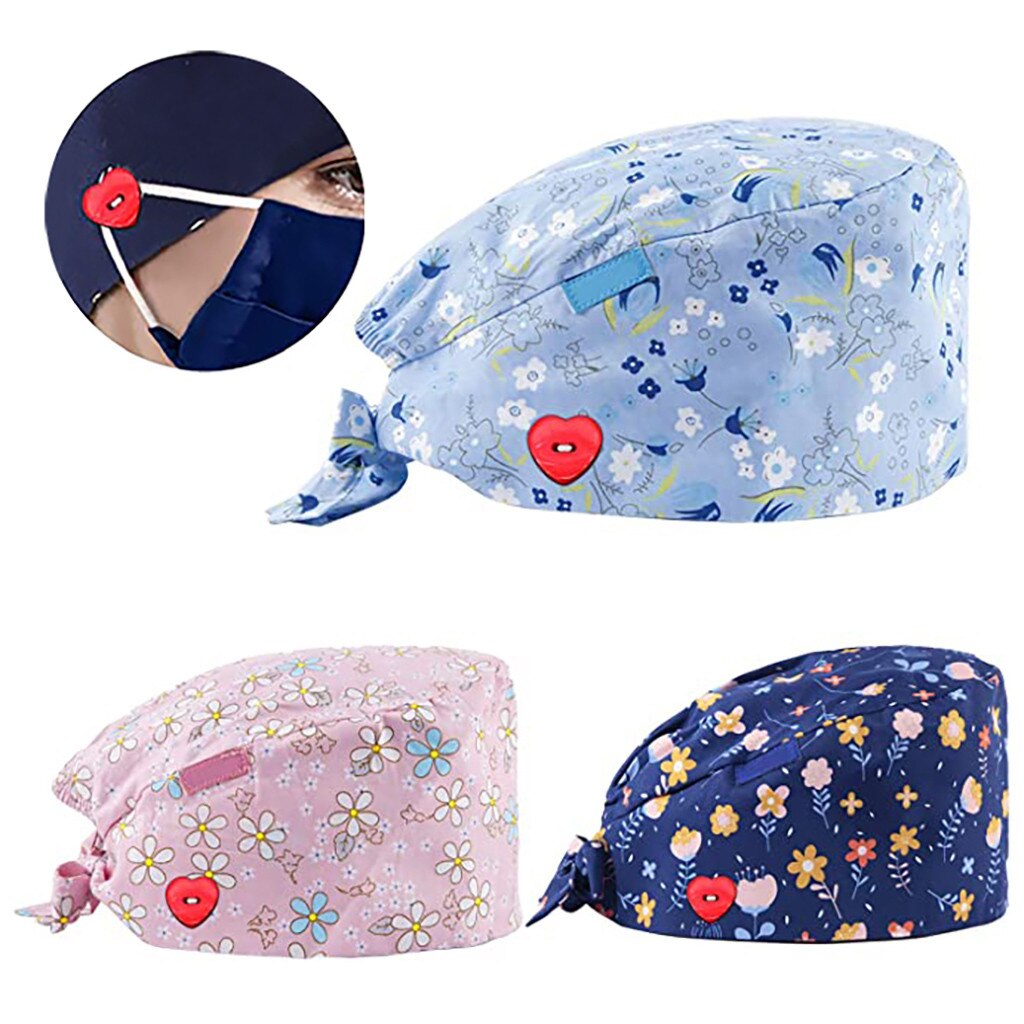 3PCS Unisex Scrub Cap Printed Button Work Hat Face Holder Wearing Protect Ears Casual gorro enfermera quirofano #R15