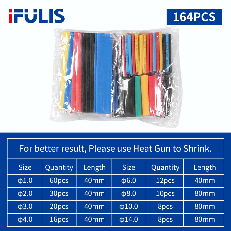 Tubes thermorétractables pour isolation, 800/780/580 pièces, gaine rétractable pour câble de voiture 2:1, plusieurs couleurs: 164PCS  (Bag)