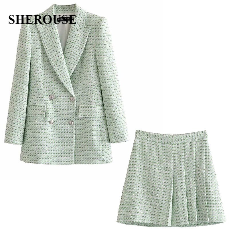 Women Two Pieces Set Textured Checkered Blazer and Pleated Short Skirt Suit Casual Chic Lady Women Outfits Suit