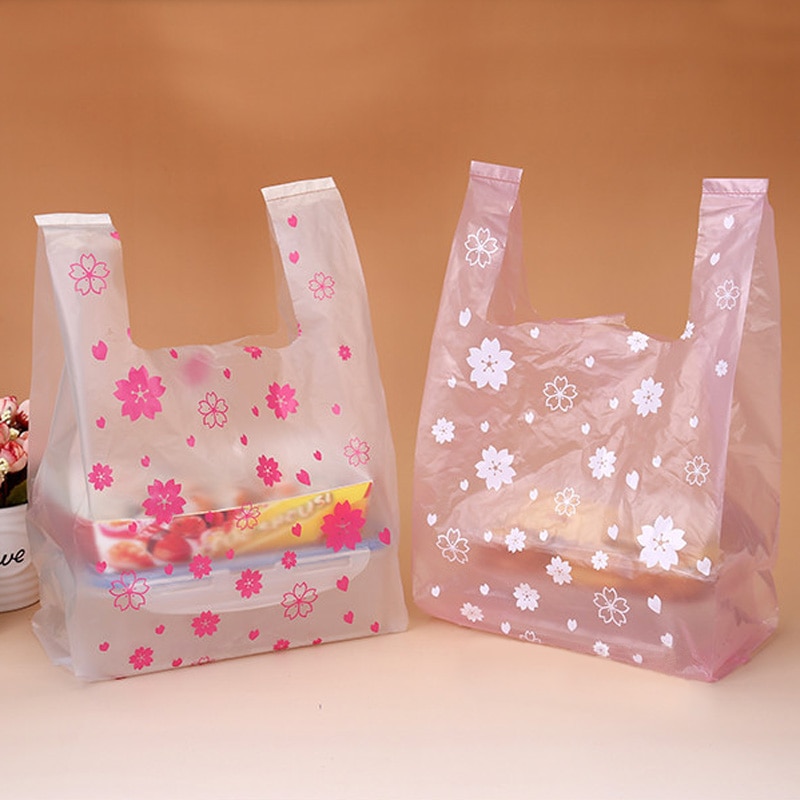 100pcs Transparante Sakura Plastic Envelop Bloemen Plastic Zakken met Handvatten Briefpapier Kantoor Schoolbenodigdheden Opbergtas