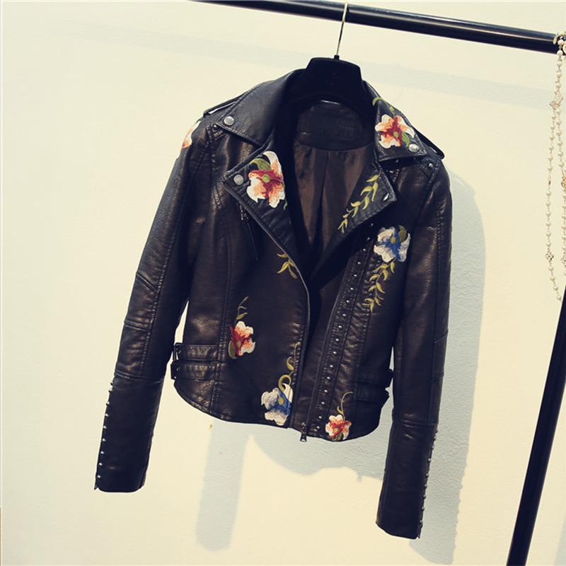 FTLZZ-chaqueta de cuero PU con bordado Floral para mujer, abrigo con cuello vuelto, ropa de calle, prendas de vestir Punk negras para motocicleta: Black / XL