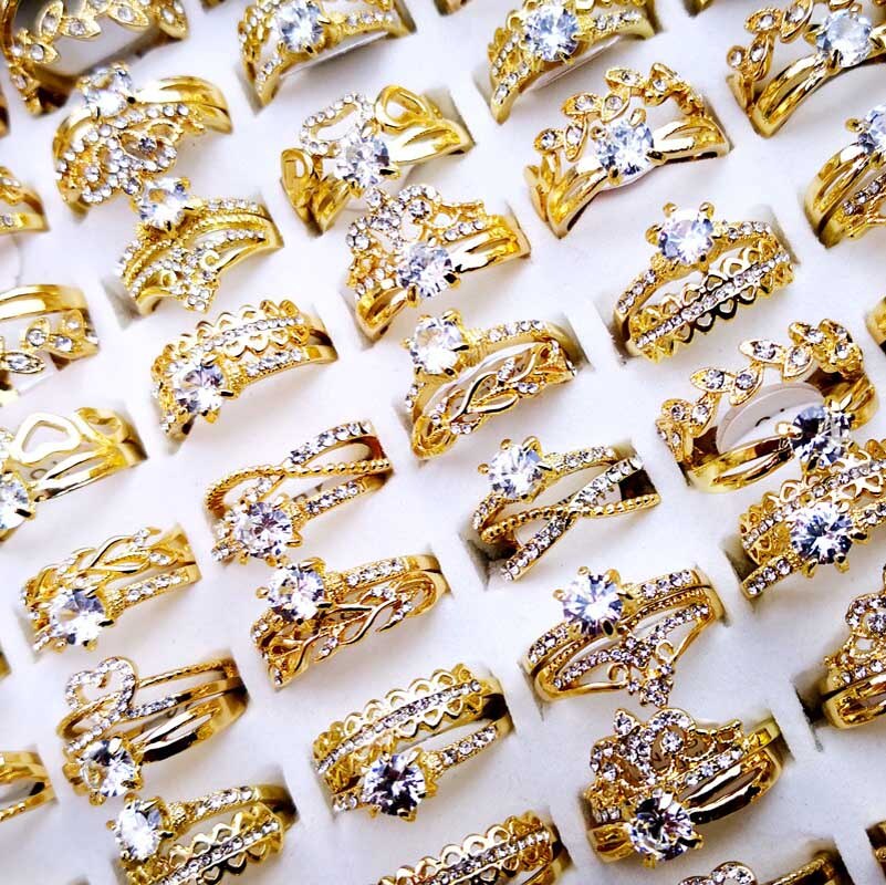 10 stk kvindelige ringe blandede stilarter guld og sølvzirkonringe meget kvindelige smykker bulks parti  lr4161: Guld