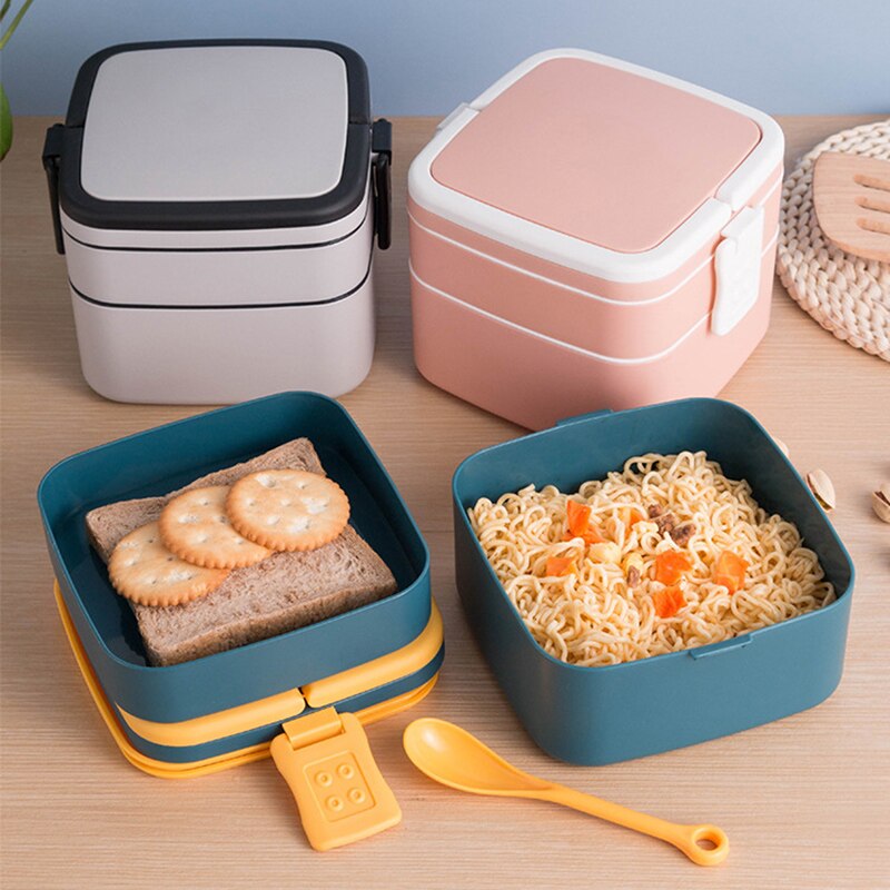 Bærbare 2 -lags sund madkasse madbeholder mikrobølgeovn frokost bento æsker med bestik madpakke