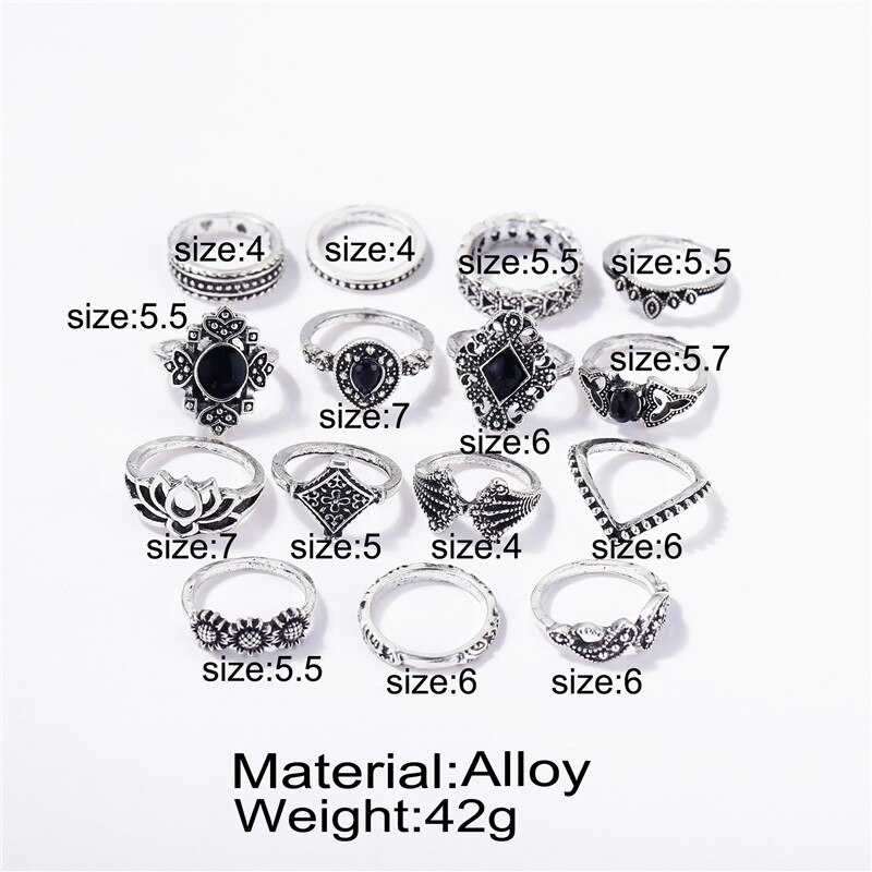 15Pc/Set Vintage Black Stone Ring Sets Antique Stone Midi Finger Rings for Women Punk Style Knuckle Rings Wedding