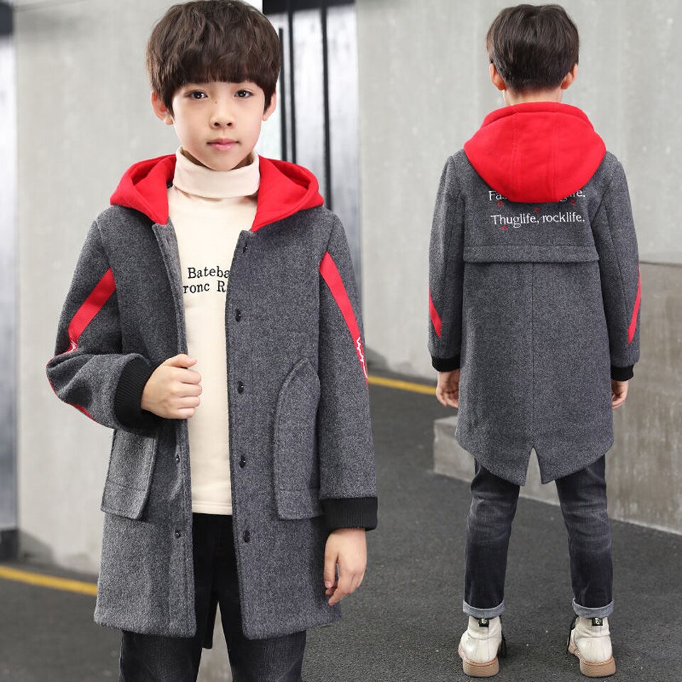Winterjassen jongens effen wollen enkelrijs babyjongens trenchcoat hoodie 5-14 y kinderkleding jassen voor jongens windjack