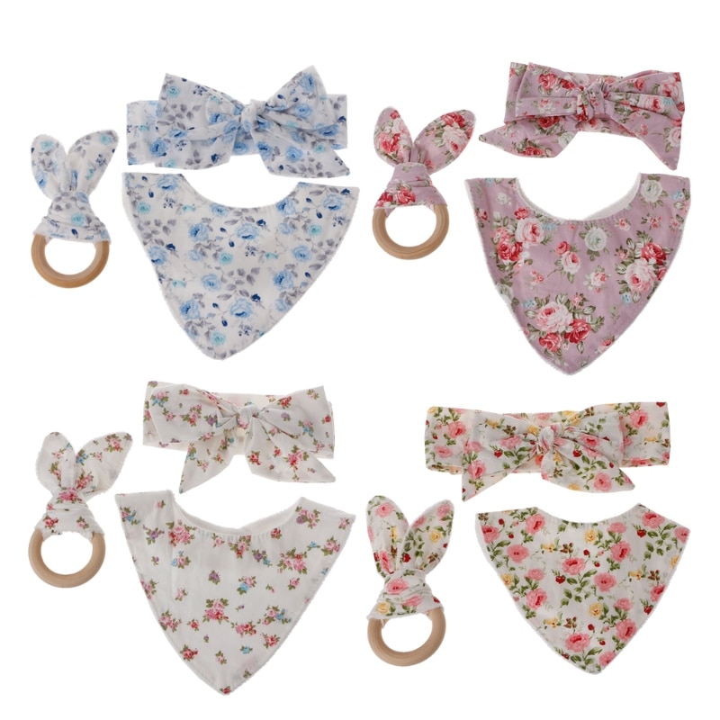 3 pièces bébé oreilles de lapin dentition coton bavoirs bandeau infantile salive serviette soin ensemble directe