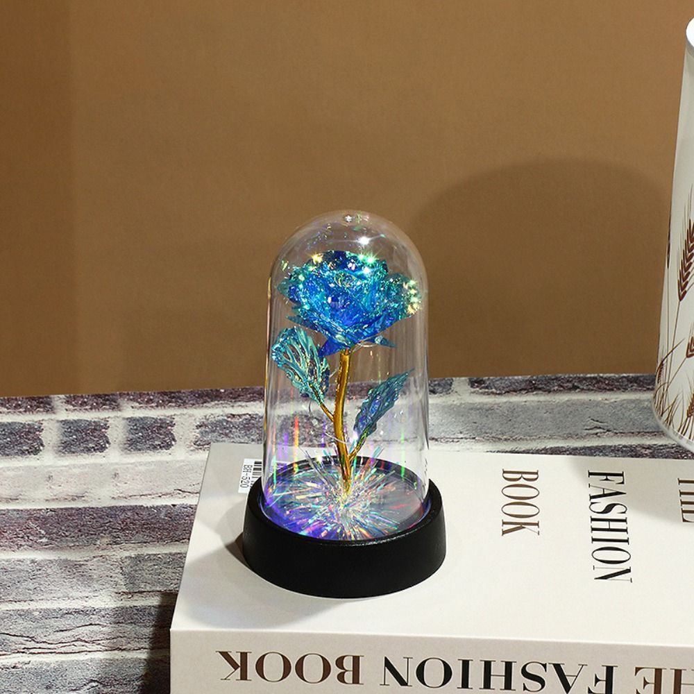 Rode kleurrijke roos kunstbloemen bruiloft decoratie eeuwige roos decoratieve bloemen planten oplichtende roos in een glazen koepel: Blauw