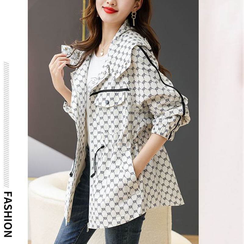 Impressão com capuz gabardina outerwears cordão cintura comprimento médio tamanho grande 4xl solto trench coats coreano casual feminino blusão