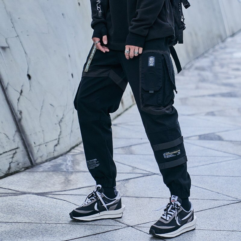 neue Hüfte hüpfen Jogger Ladung Hosen Männer Harem Hosen Multi-Tasche Bänder Baumwolle Mann Jogginghose Streetwear lässig Herren hosen: Chinesisch Größe XXXL / Schwarz
