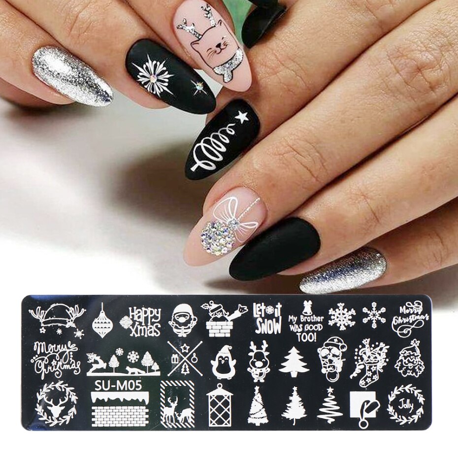 2PC Xmas zestaw warstw stemplujących na paznokcie płatki śniegu gwiazdy serca święta nowy rok projekt Nail artystyczny obraz Manicure wzornik LASUM01-M06-3