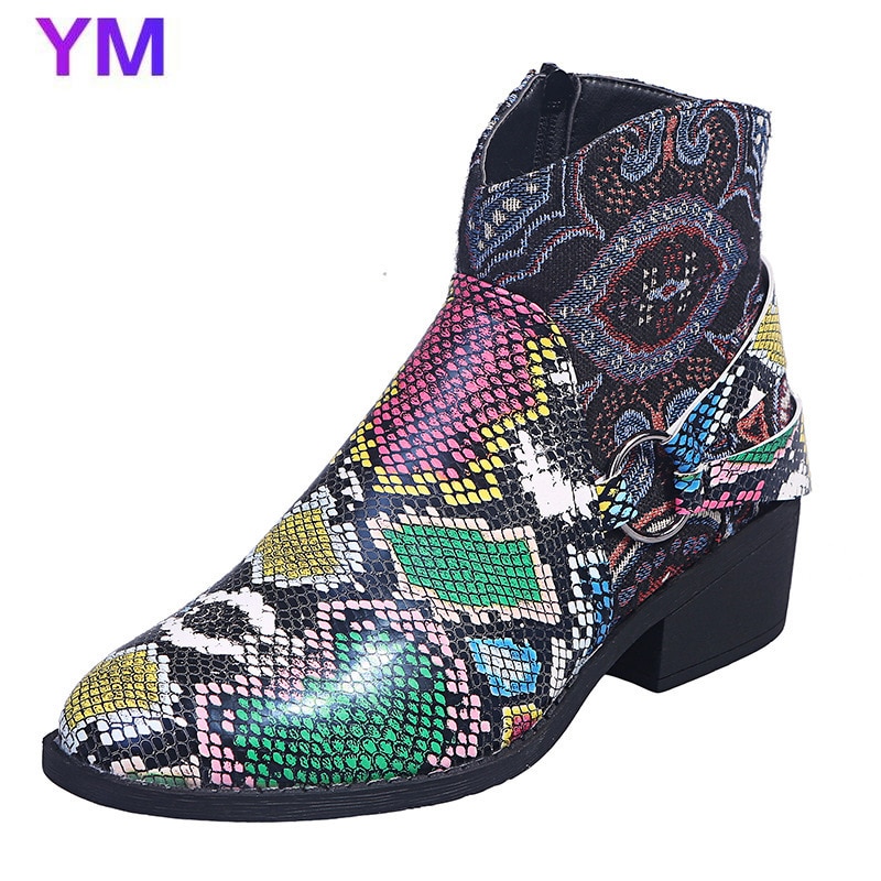 2020 botas de tornozelo de moda feminina dedo do pé redondo botas de salto quadrado baixo outono/inverno com zíper sapatos de pele de cobra padrão botas de plutônio zapatos 43