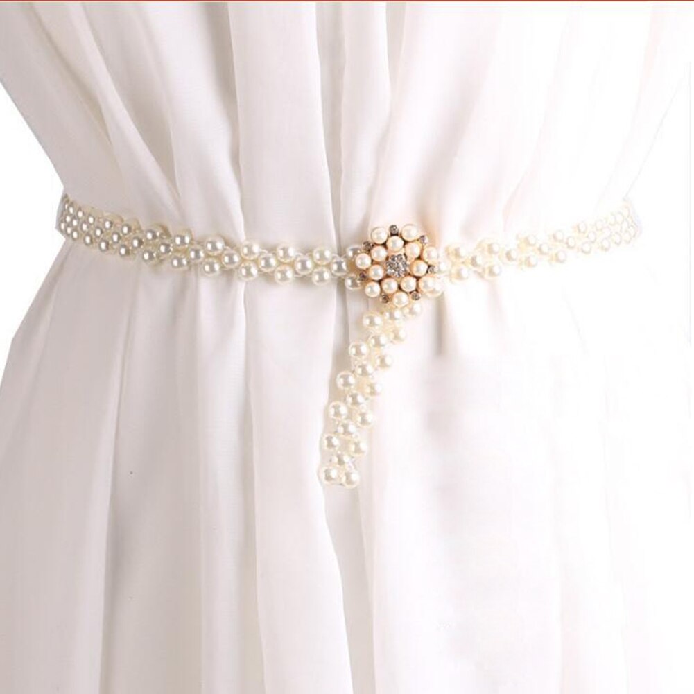 1PC Women Pearl Waist Belt Chain Rhinestone Elastic Pearl Dress Chain Belt Dress Decorative Belt Female Chain