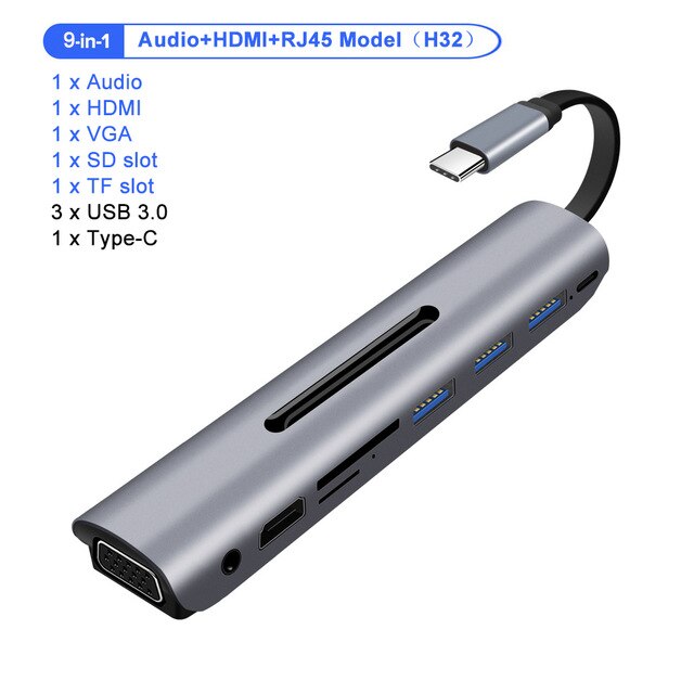 Goojodoq 9 porte usb c hub til hdmi vga rj45 gigabit ethernet strømadapter dock pd oplader til macbook pro air multi type c hub: 9- i -1
