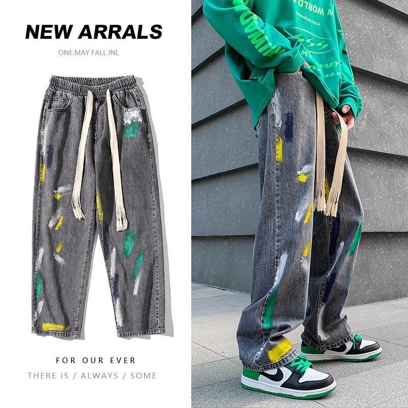 Jean Graffiti pour hommes, pantalon Streetwear ample, droit et à jambes larges, Baggy Denim, grande taille, M-5XL: Gris foncé / L