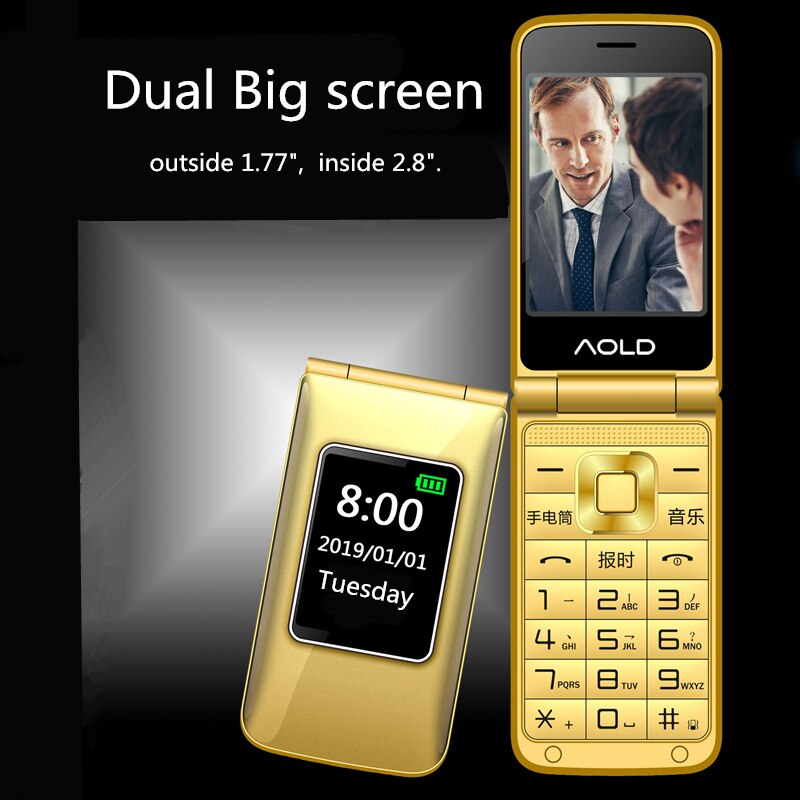Flip Slanke Clamshell Mobiele Telefoon Voor Oude Senior Mensen Speed Dial Russisch Sleutel Dual Sim Metalen Case Torch Extra Licht