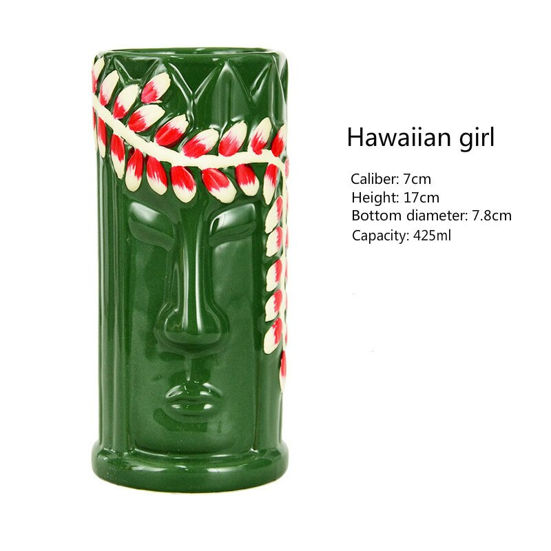Copa Tiki Hawaiana para bebidas frías, estatua traviesa con cabeza de león para cóctel, vaso de cerámica para vino, Tiki, 425-600ml: Hawaiian girl