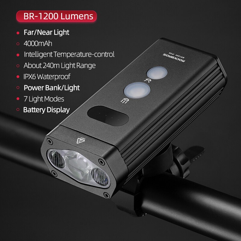 ROCKBROS 800 Lumen Bike Headlight High Power Bicycle Handlebar Front Lamp Waterproof Rechargeable LED Flashlight Cycling Light: BR-1200 Lumen