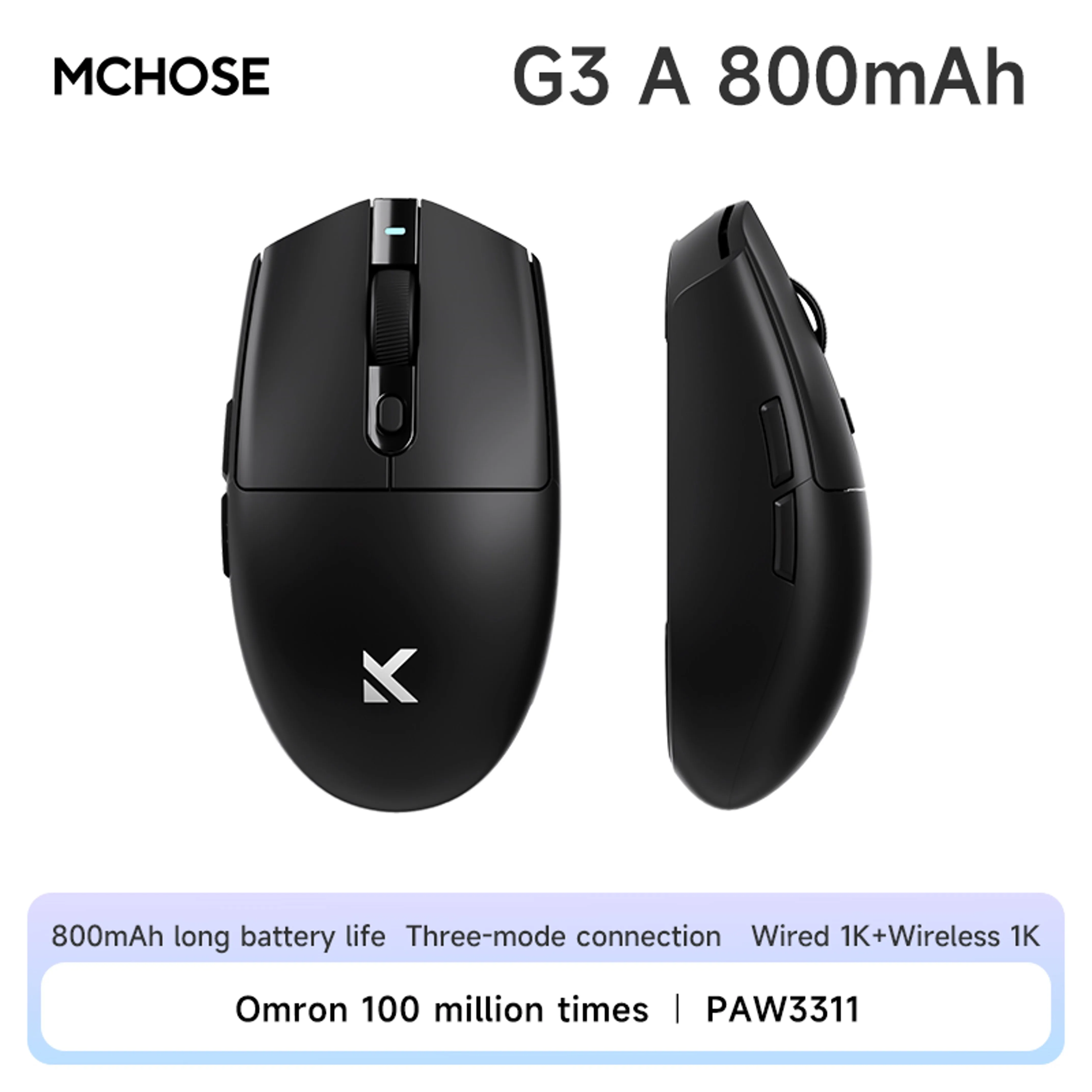 MCHOSE G3 Gaming Mouse Buletooth 2.4G Paw3311 12000DPI Tri-mode Wireless Lightweight Mouse Ergonomics Gamer Laptop PC: DARKNESS