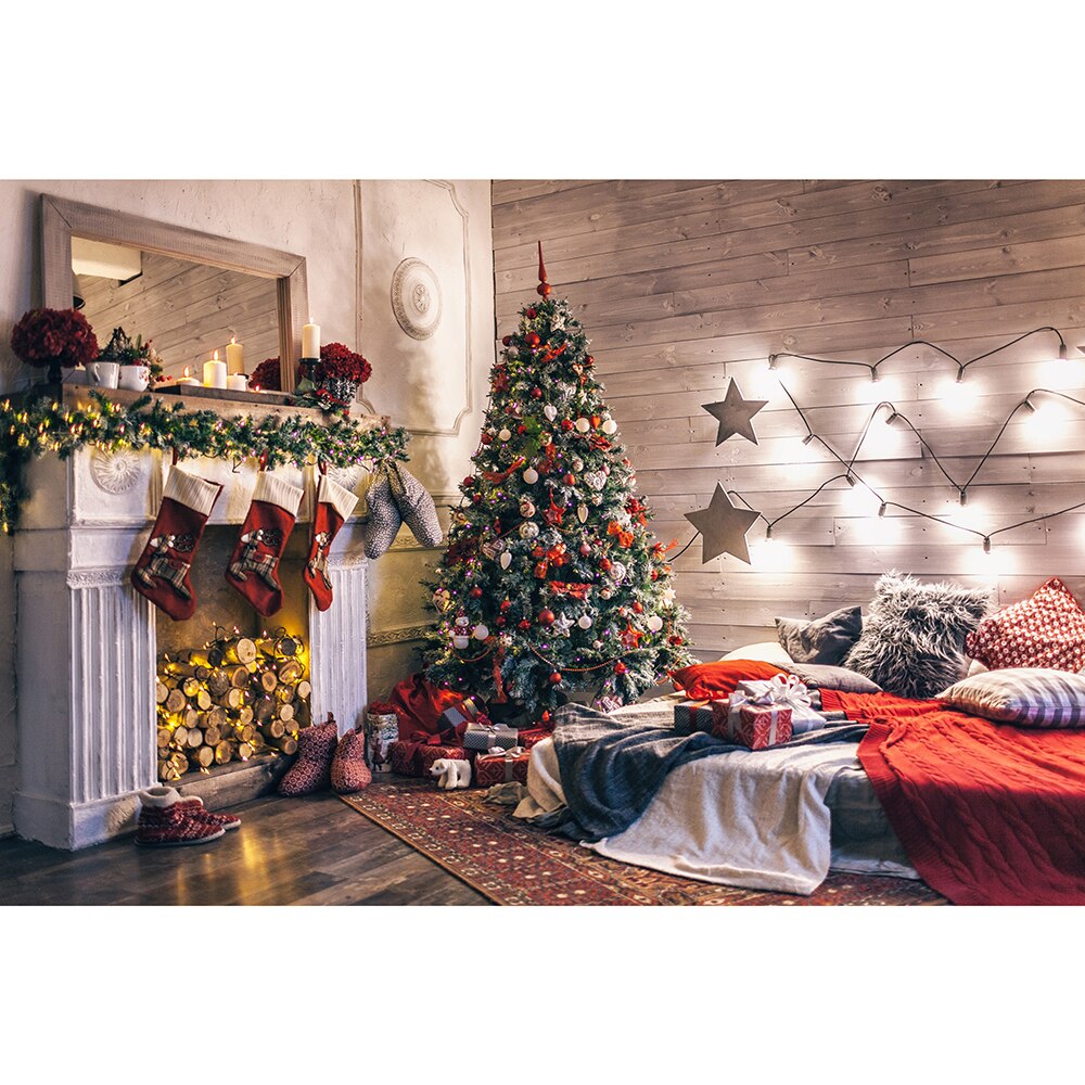 5x3ft Photography Backdrop merry Christmas tree wood board room Background Vinly Cloth Wall Decor Baby Birthday Party: Default Title