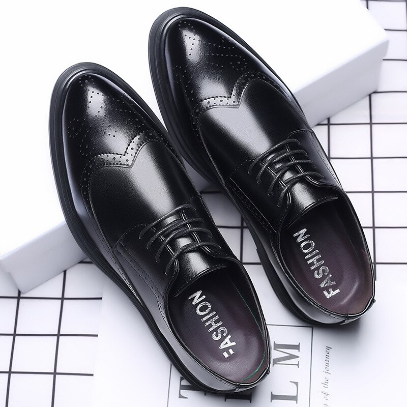 Classic Italy Style Men's Black Leather Wingtip Derby Formal Shoes