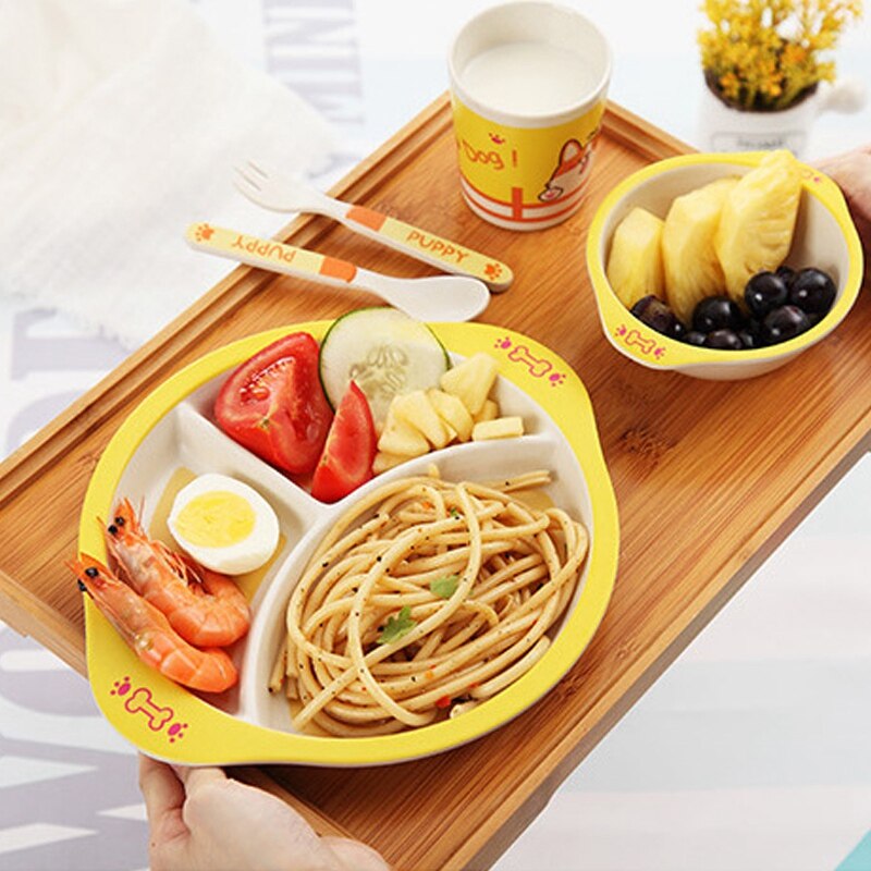 Bamboo Fiber Baby Cartoon Eating Tableware Kids Dinner Plate Toddler Feeding Dishes Children Training Bowl Spoon Fork 5Pcs/Set E