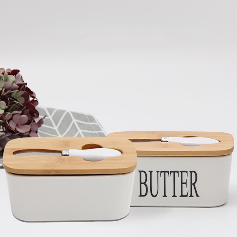 Ceramic Butter Dish Box with Butter Knife Bamboo W... Grandado