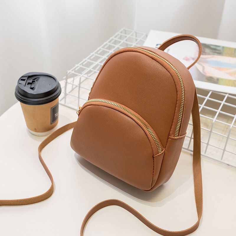 Bolsa de ombro de couro feminino para meninas adolescentes crianças multi-função pequeno bagpack feminino senhoras mochila escolar: Marrom