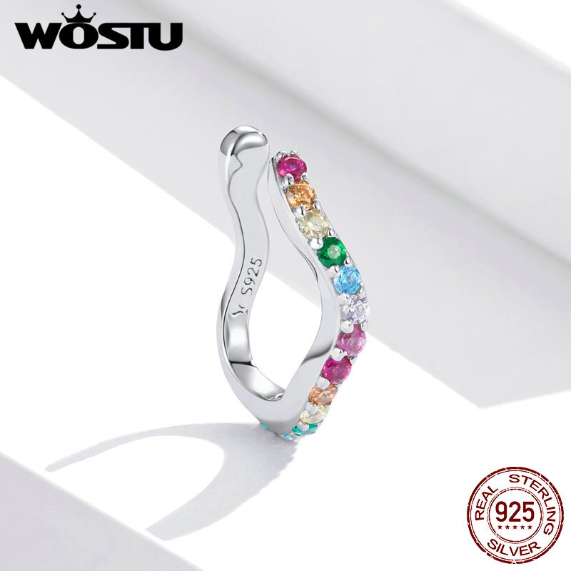 Wostu Regenboog Oorbellen Clip 925 Sterling Zilveren Regenboog Kleur Zirkoon Wave Vrouwen Clip Oorbellen Vrouwen 925 Zilveren Sieraden CQE894