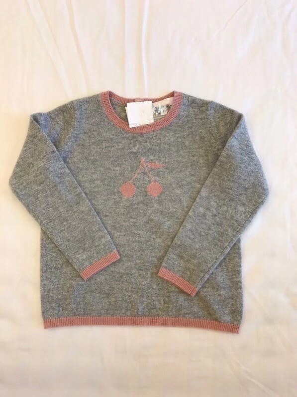 Presell oktober 15th efterår vinter piger sweater 35%  uld lyserød kirsebær mønster grå farve pullover børn strikkede trøjer