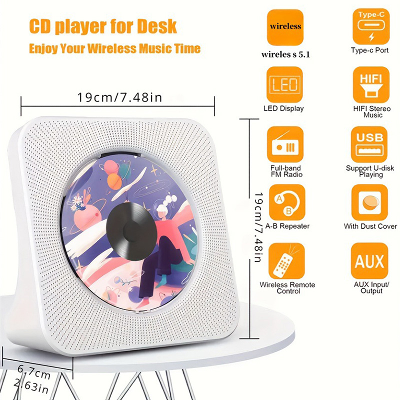 Rechargeable CD Player Bluetooth Speaker Stereo with Infrared Remote Control AUX USB FM Radio Support CD/CD-R/CD-RW Music Player