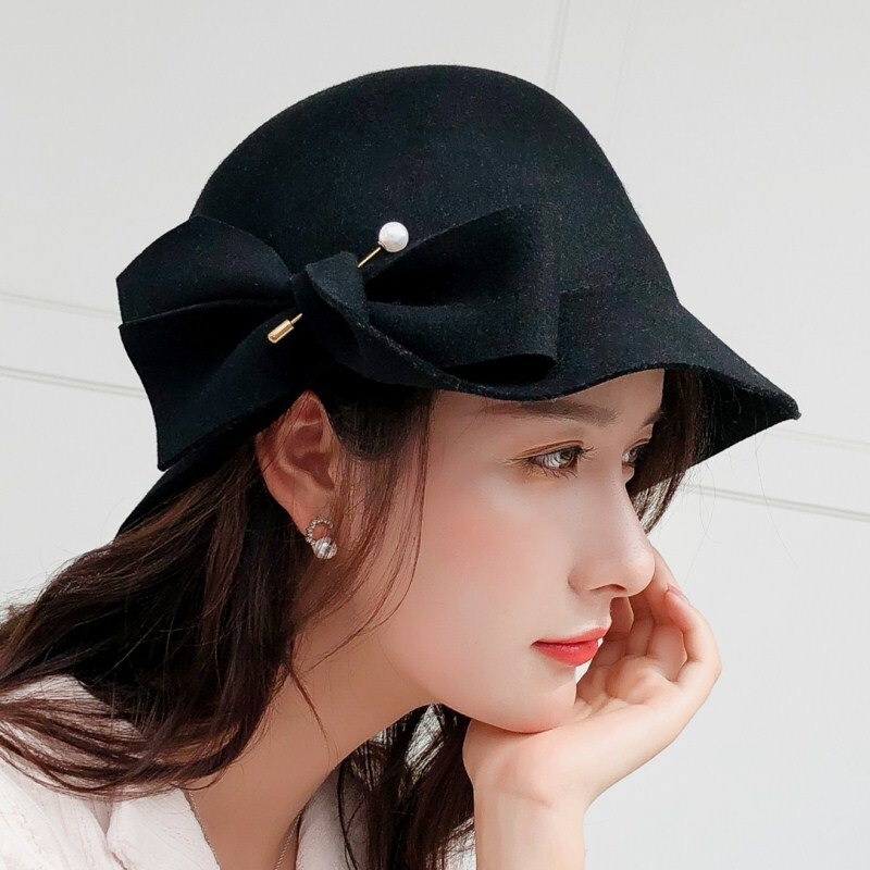 Ullpärlor filthatt kvinnor svart pillbox hattar svarta damer vintage cocktail bröllop derby fedora chapeau femme: Svart