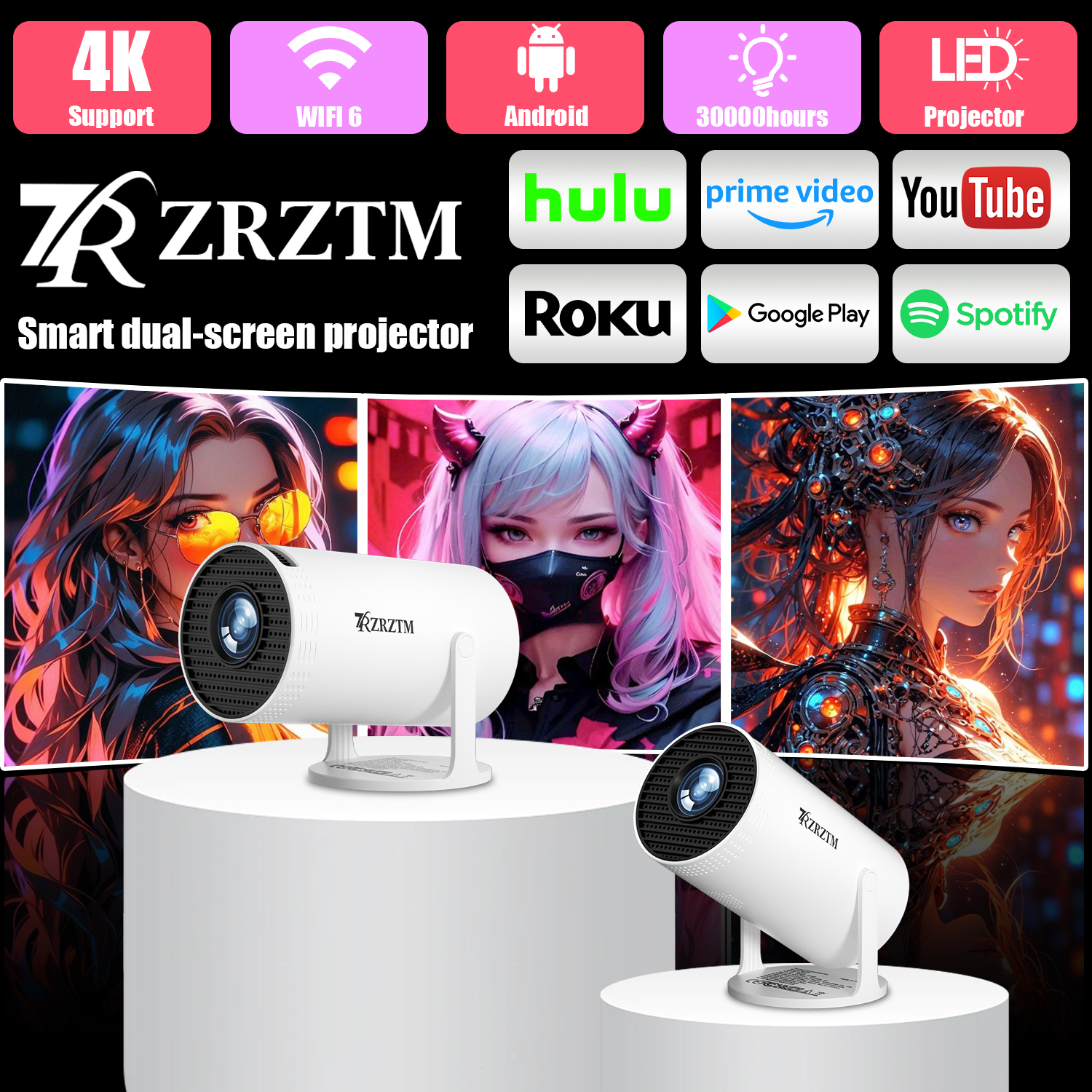 Supports 4K projector, high-definition projector, with WiFi/Android system/BT5.2, suitable for home theater projector