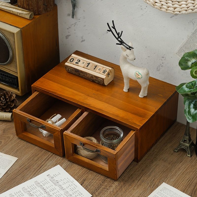 Retro computer monitor elevated base office wooden desktop storage box glass drawer wooden box