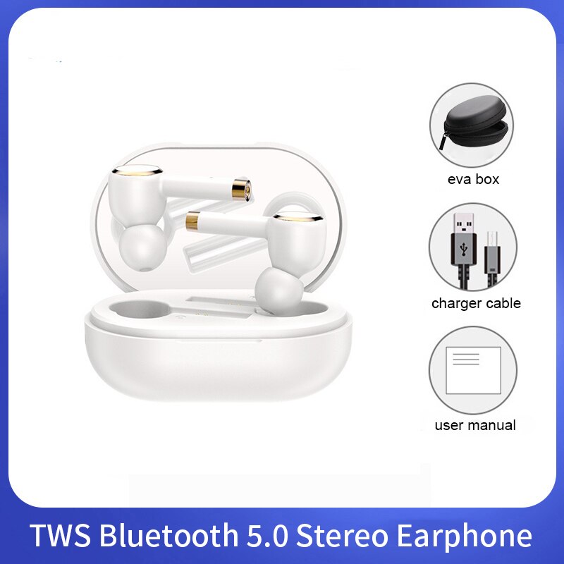 stereo true Wireless Headphones TWS oortjes Bluetooth Earphones sport bass handsfree HD call Earbuds with microphone for Phones: White with EVA Box