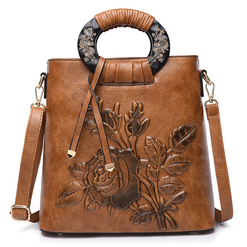 Gaohe Cross border exclusive for big flower women's bag ethnic style women's one shoulder handbag women's mess: Brown