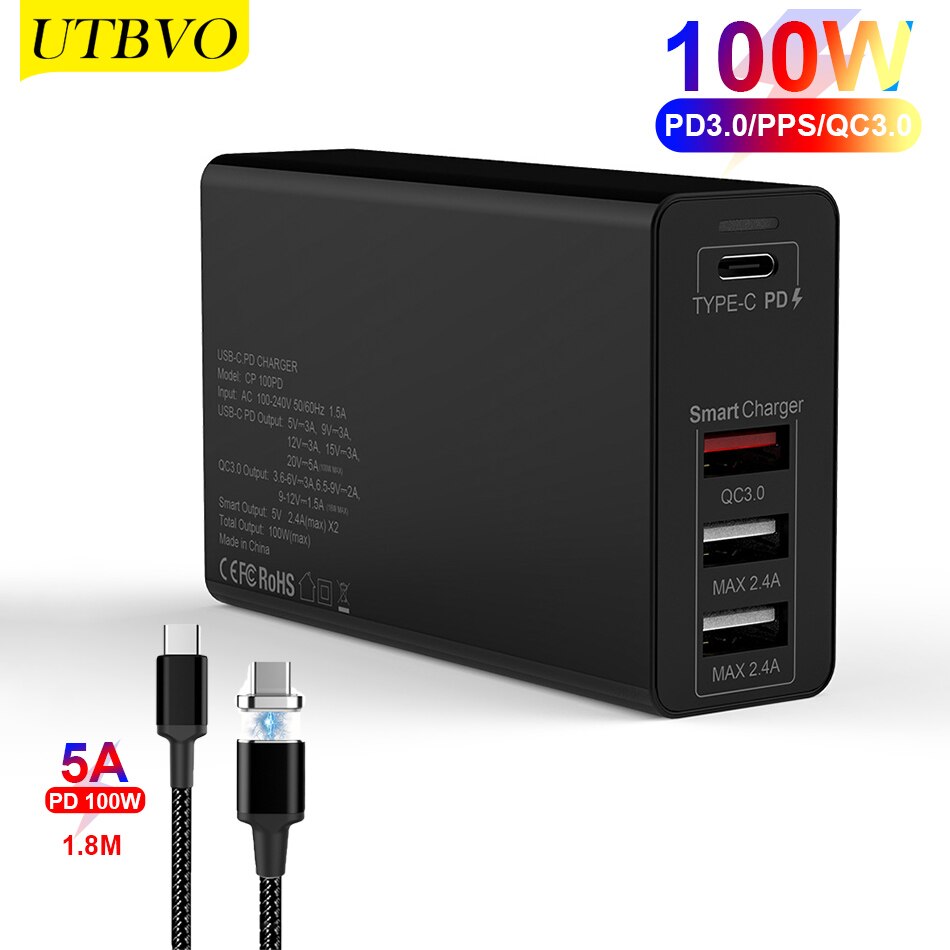 UTBVO 100W USB C Power Adapter, Type C Power PD Wall Charger (Compatible 87W, 65W, 45W) for MacBook Pro Air Lenovo: Charger and Cable / EU / Black