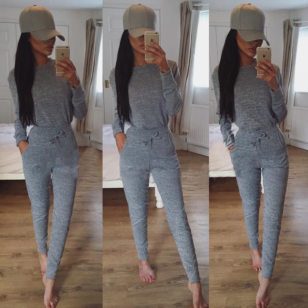 Solid sex Suit Set Women Tracksuit Two-piece Style Outfit Sweatshirt Sport Wear: Gray / XXL