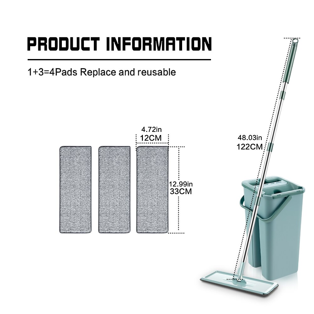 Hands Free Squeeze Mop with Bucket Home Kitchen Floor Mop 360 Rotating Flat Mop Lazy Mops Household Cleaning Tool: green 4 rags