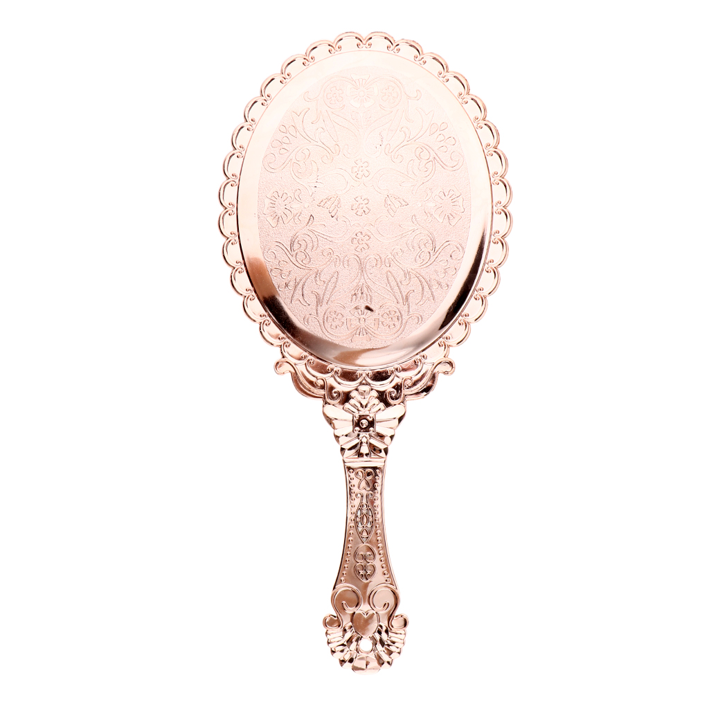 Dekorativ antik stil ovalt håndspejl med håndtag præget rose til makeup cosplay stue
