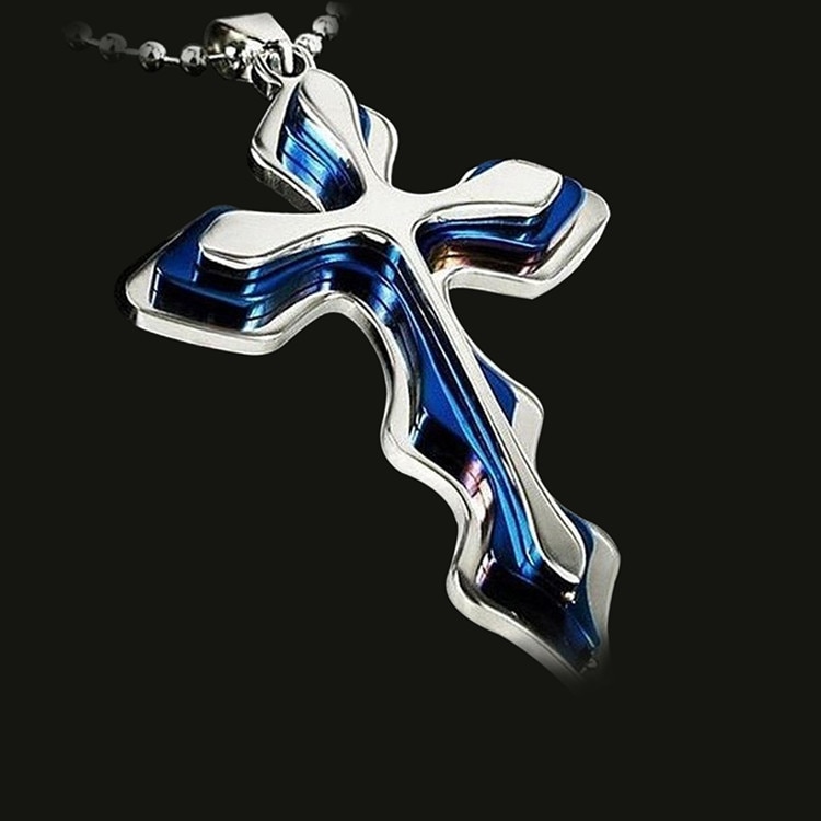 Necklace Men Blue Silver Color Cross Pendant Stainless Steel Chain Necklace Jewelry for Men's Jewelry