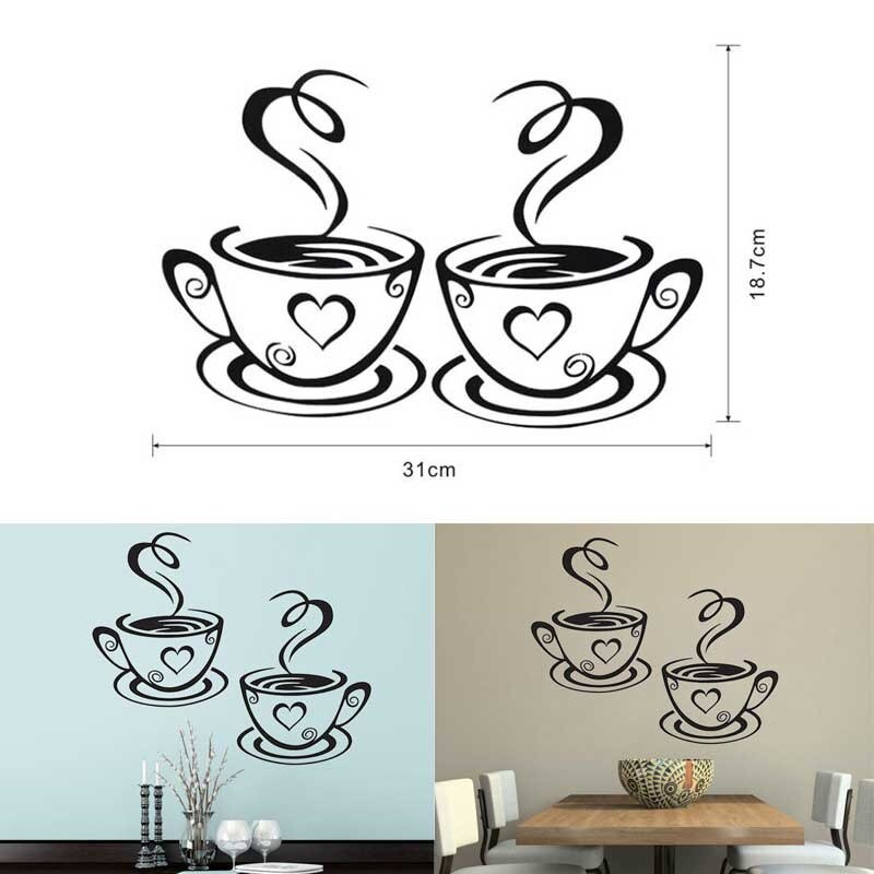 Coffee Cups Kitchen Wall Stickers Cafe Vinyl Art Decals Pub Cafe Home Decals Black