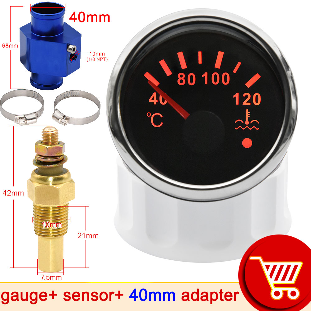 52mm Water Temp Gauge with Alarm Light 40-120℃ Truck Moto Car Temperature Sensor 10mm Water Coolant Temperature Sensors Adapter: With 40mm adapter