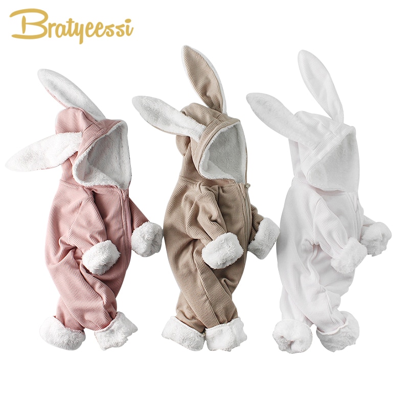 Bunny Baby Winter Rompertjes Voor Jongens Jumpsuit Pluche Voering Baby Meisje Romper Lange Oren Hooded Baby Onesie Peuter Baby Kleding 1Pc