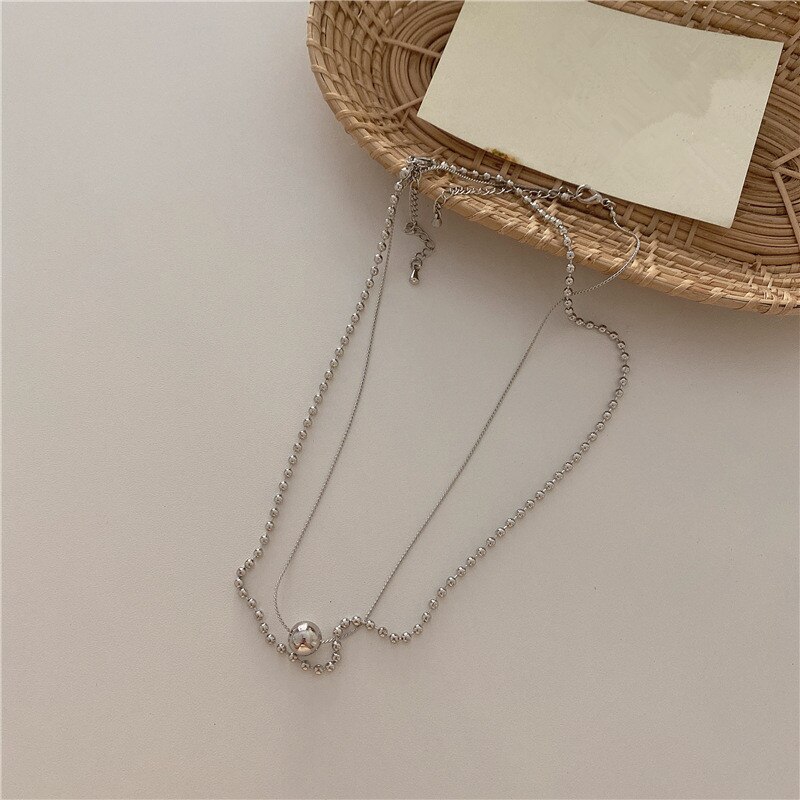 AOMU-collier pendentif rond à Double couche pour femmes, style coréen rétro, couleur or argent, bijoux de fête, ,: 2